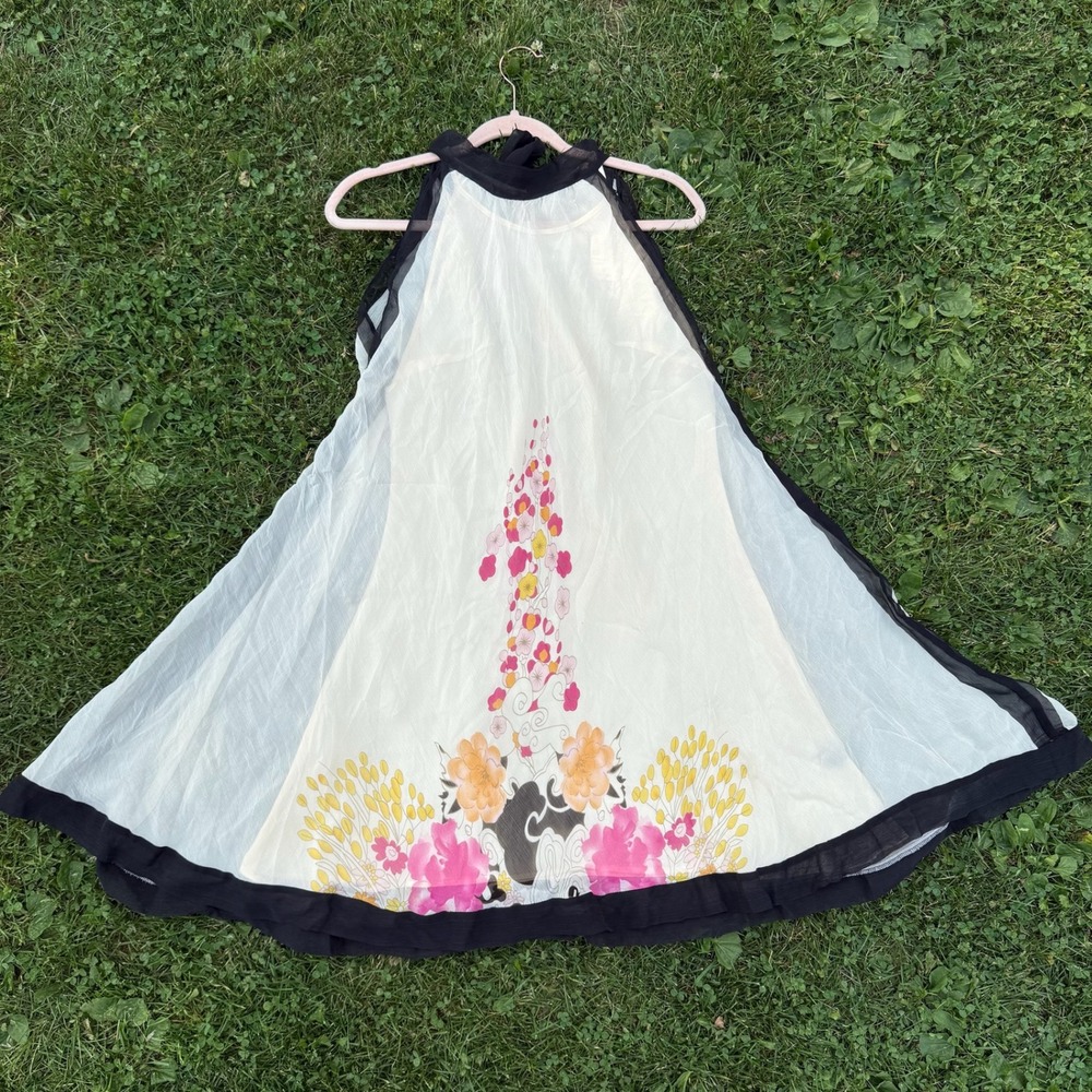Vintage Twenty One Silk Halter Dress M Cream Black Floral Sleeveless A-Line Mini